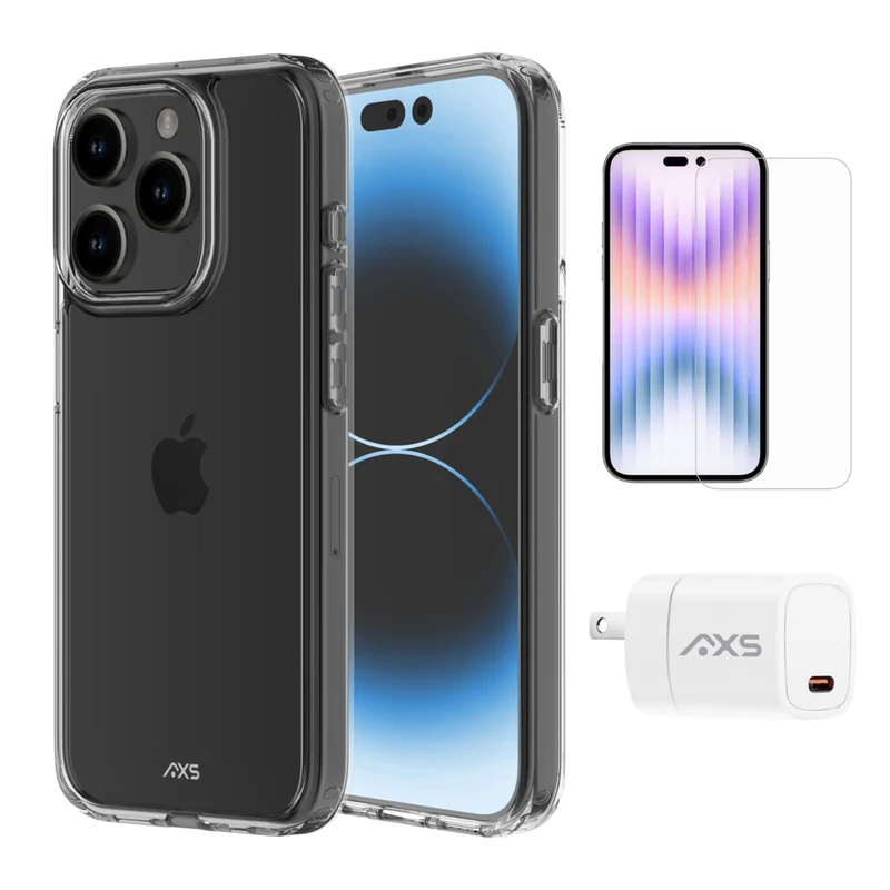 AXS Starter Kit bundle Ultra Clear Case, Screen Protector and 20w Charger for Apple iPhone 15 Pro