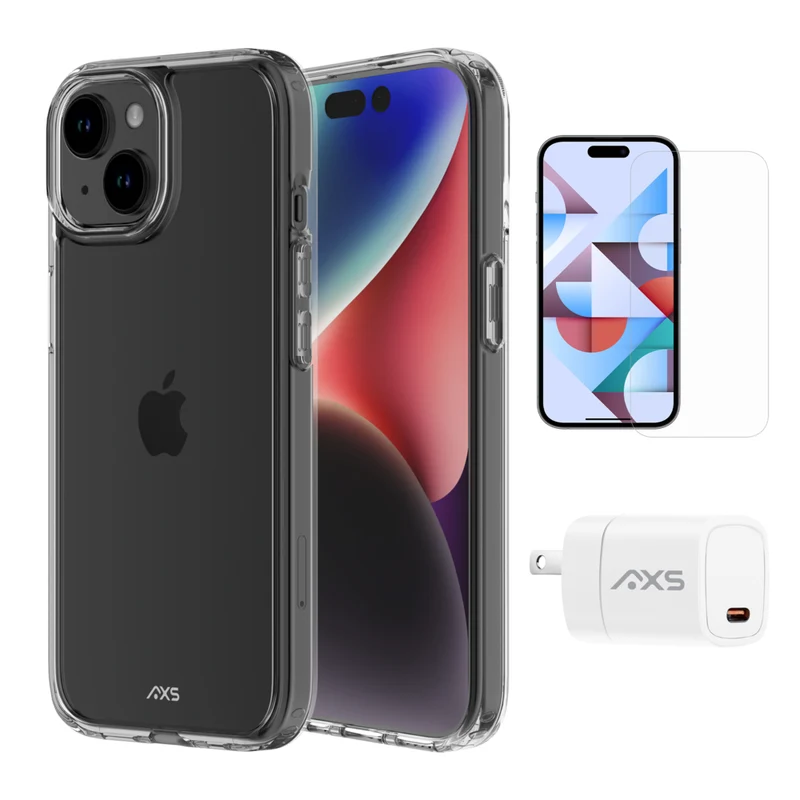 AXS Starter Kit bundle Ultra Clear Case, Screen Protector and 20w Charger for Apple iPhone 15 Plus