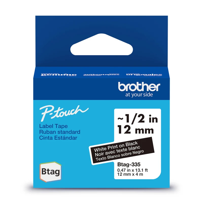 Brother - BTAG335 Ruban non laminé noir avec texte blanc authentique pour étiqueteuse P-touch, 12 mm (L) x 4 m (l)