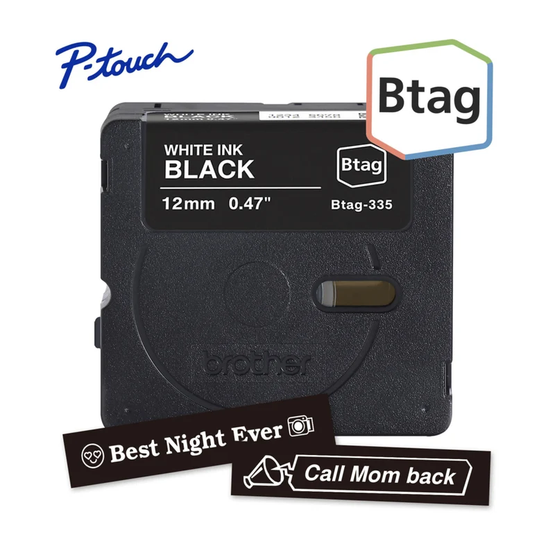Brother Genuine BTAG335 Label Tape for P-touch Label Makers - White on Black - 12 mm W x 4 m L