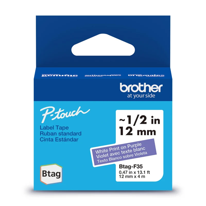Brother - BTAGF35 Ruban non laminé violet avec texte blanc authentique pour étiqueteuse P-touch, 12 mm (L) x 4 m (l)