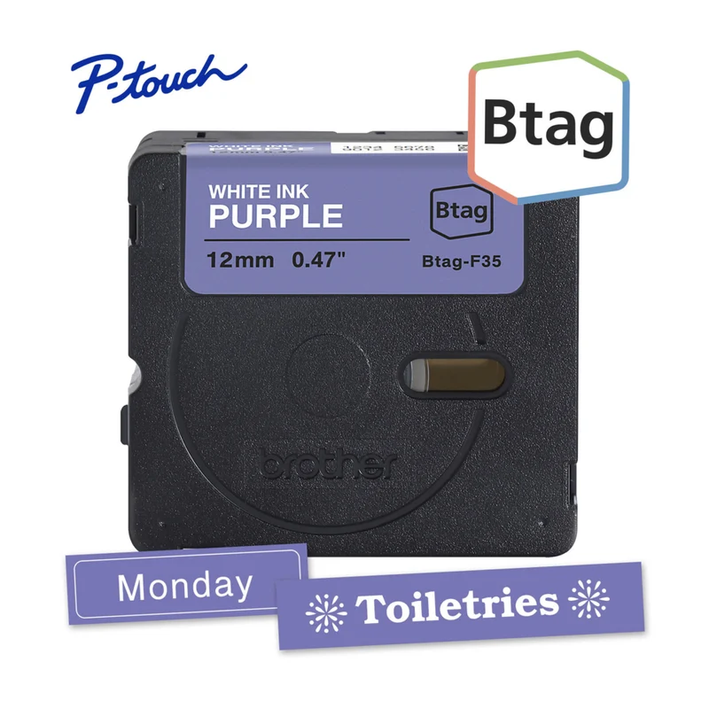 Brother Genuine BTAGF35 Label Tape for P-touch Label Makers - White on Purple - 12 mm W x 4 m L