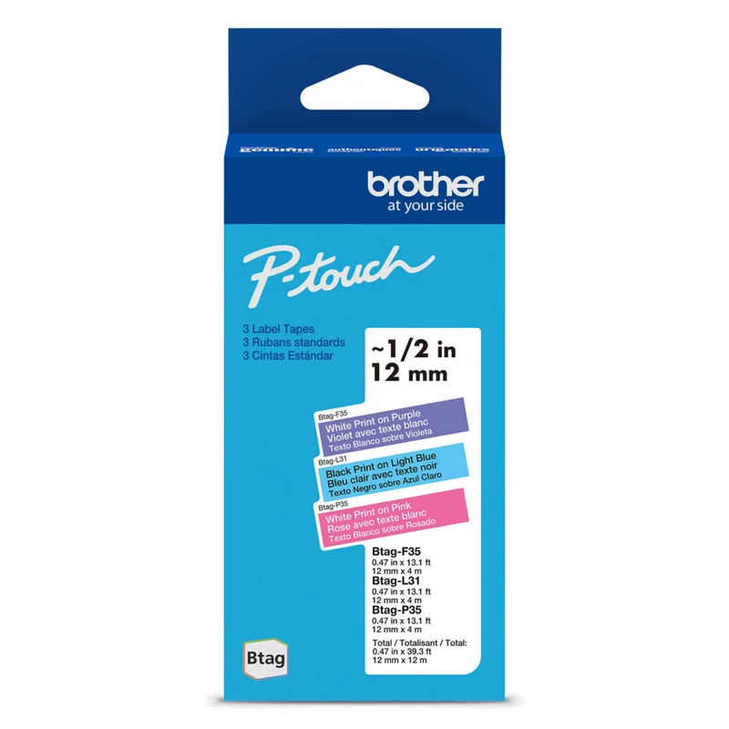 Brother Genuine BTAG3M02 Non-Laminated Tapes for P-touch Label Makers - Colour - 12 mm W x 4 m L - 3 Pack