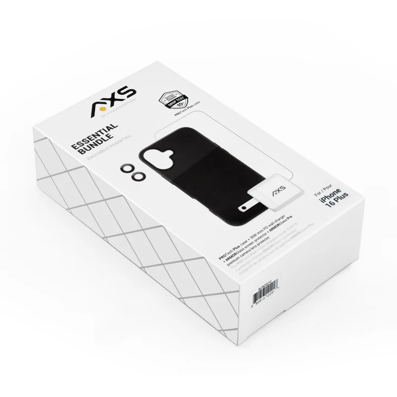 AXS - Ensemble Essentiel - étui PROTech Plus testé contre les chutes, protecteur d’écran et chargeur 30W pour iPhone 16 Plus - Noir