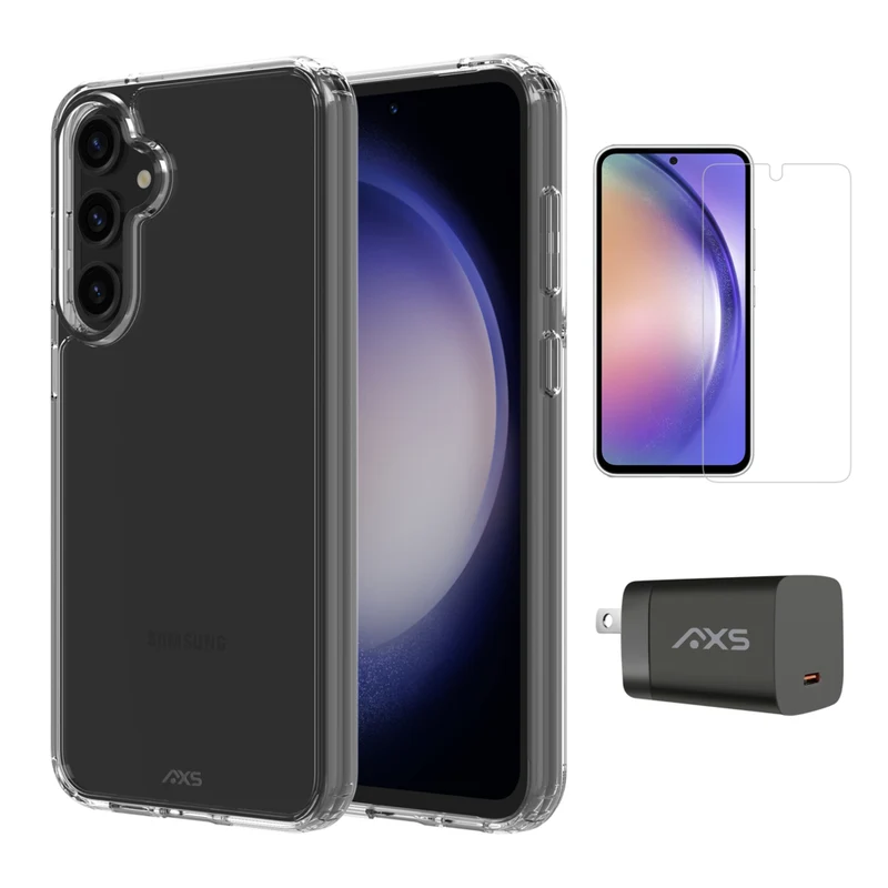 AXS Starter Kit bundle with Ultra Clear Case, Screen Protector and 30w Charger for Samsung Galaxy S23 FE