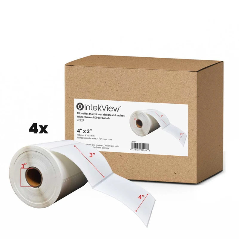 Premium Tape - 4 x 3 po (102 mm x 76 mm) Étiquettes Thermiques Directes - Noyau de 3 po (76 mm) - Paquet de 4