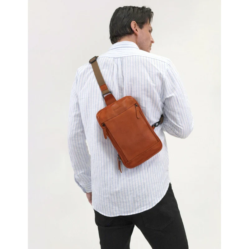 Pierre Cardin Men's Italian Leather Structured Crossbody Sling Bag 29cm Cognac