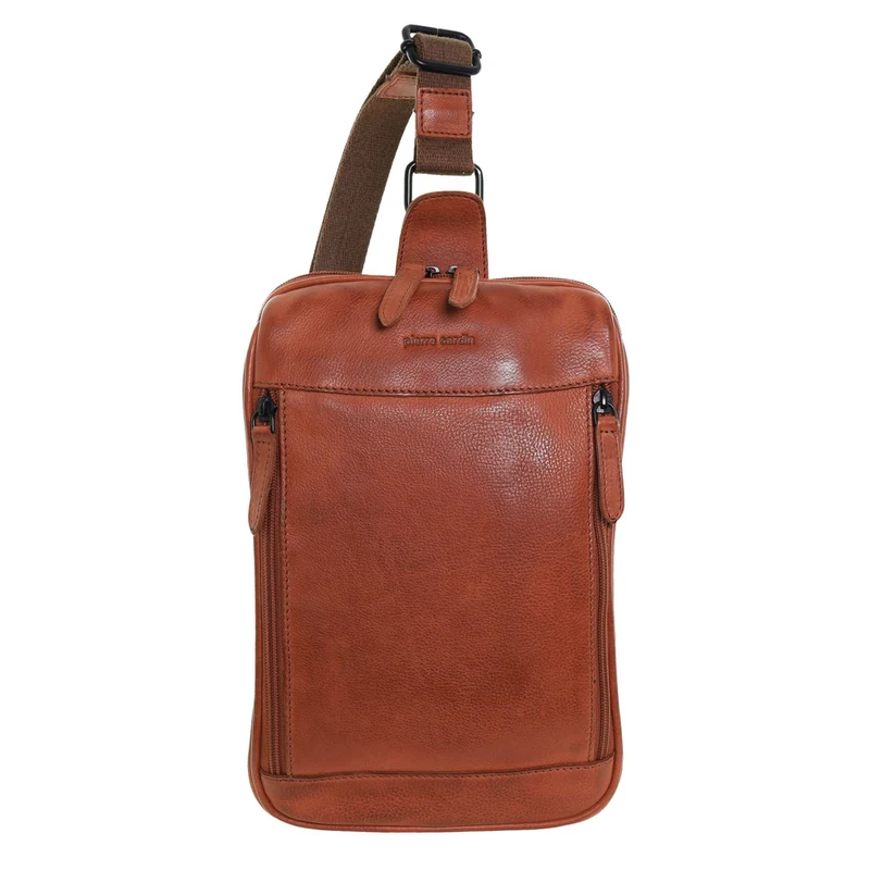 Pierre Cardin Men's Italian Leather Structured Crossbody Sling Bag 29cm Cognac