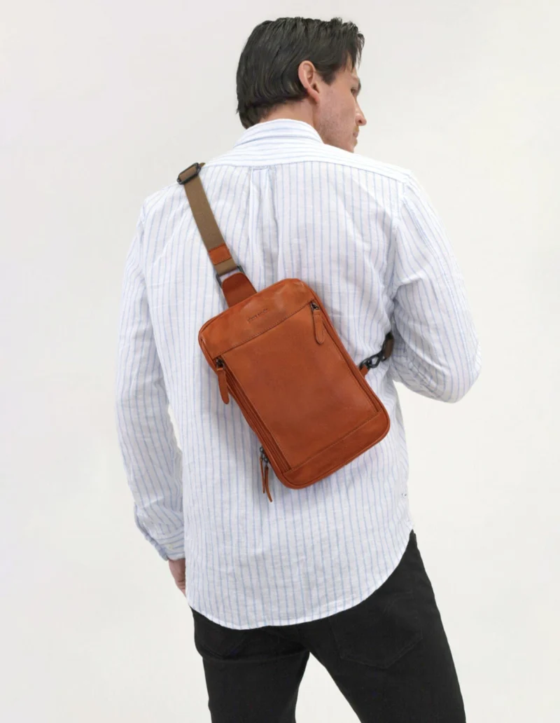 Pierre Cardin Men's Italian Leather Structured Crossbody Sling Bag 29cm Cognac