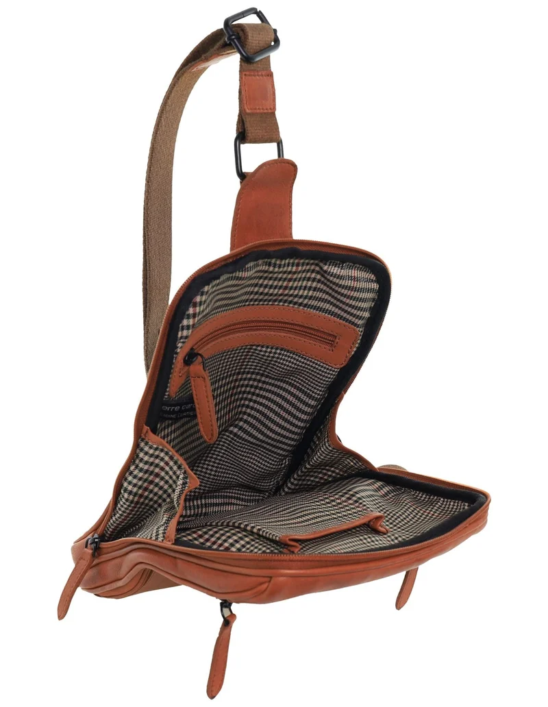 Pierre Cardin Men's Italian Leather Structured Crossbody Sling Bag 29cm Cognac
