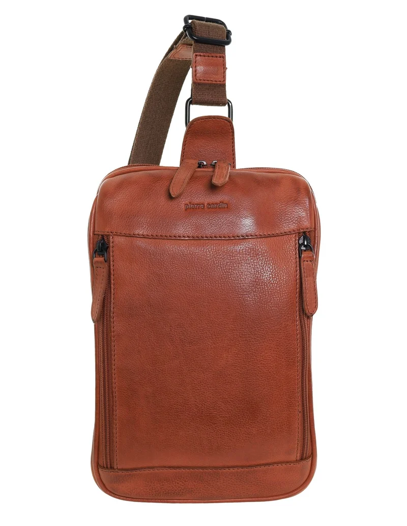 Pierre Cardin Men's Italian Leather Structured Crossbody Sling Bag 29cm Cognac