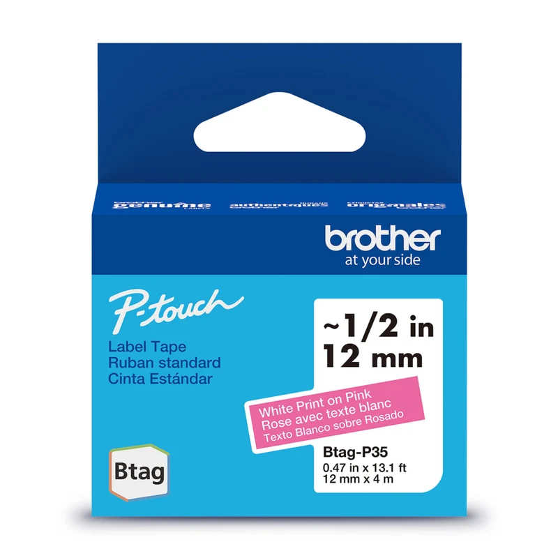 Brother - BTAGP35 Ruban non laminé rose avec texte blanc authentique pour étiqueteuse P-touch, 12 mm (L) x 4 m (l)