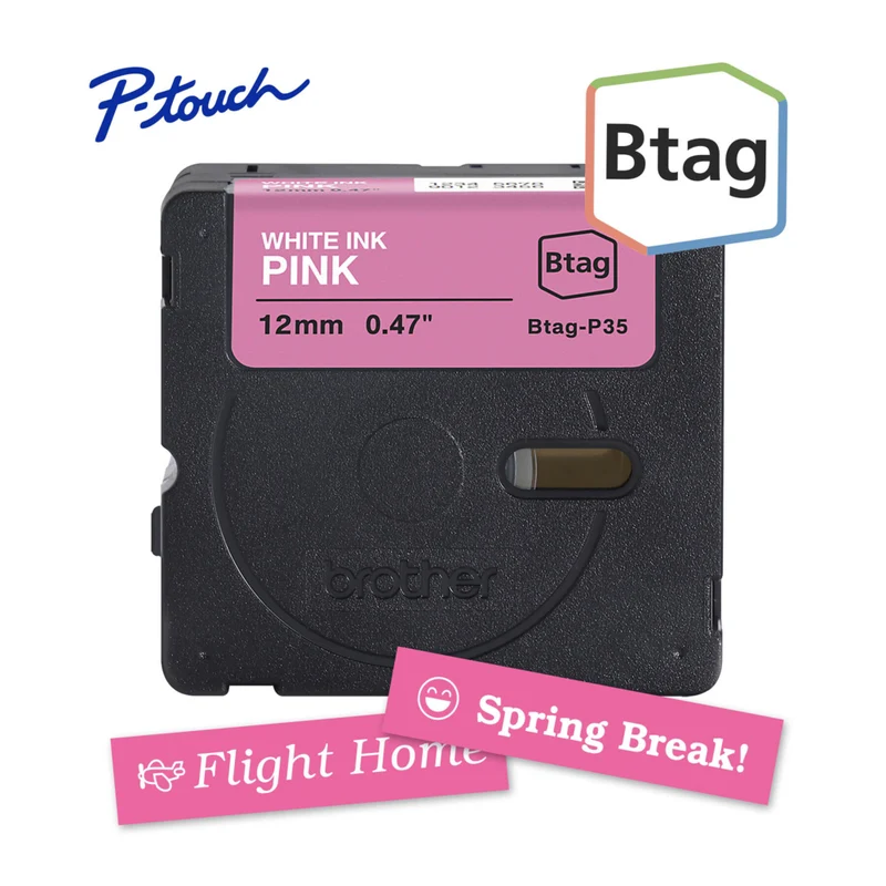 Brother - BTAGP35 Ruban non laminé rose avec texte blanc authentique pour étiqueteuse P-touch, 12 mm (L) x 4 m (l)