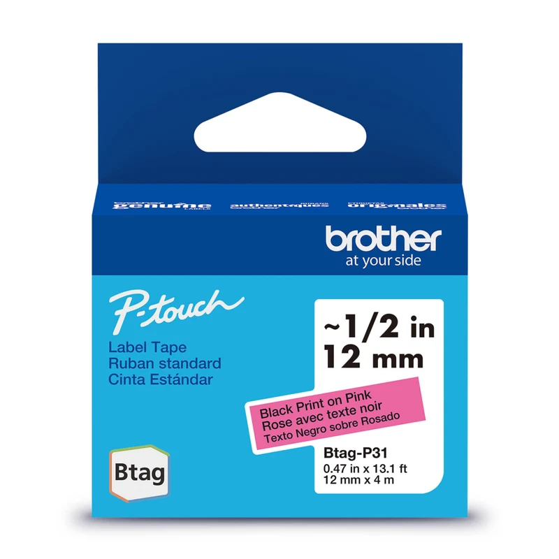 Brother - BTAGP31 Ruban non laminé rose avec texte noir authentique pour étiqueteuse P-touch, 12 mm (L) x 4 m (l)