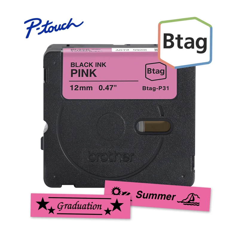 Brother Genuine BTAGP31 Label Tape for P-touch Label Makers - Black on Pink - 12 mm W x 4 m L