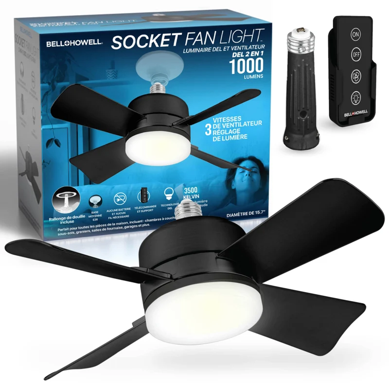 Bell+Howell - Lampe de ventilateur à douille de 15,7 po avec télécommande - Noir