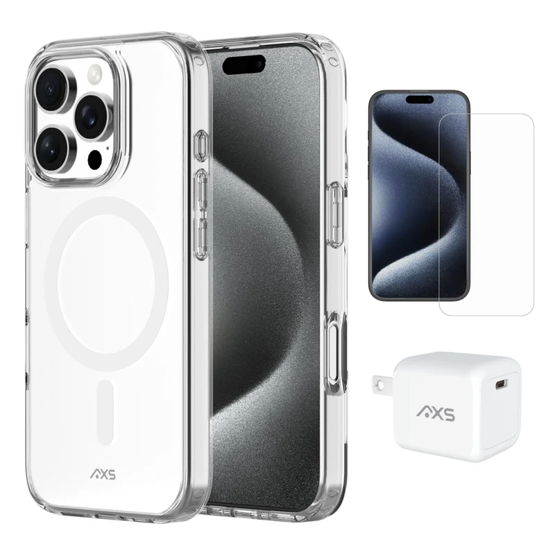 AXS - Ensemble de départ - étui ULTRA CLEAR transparent testé contre les chutes, protecteur d’écran et chargeur 30W pour iPhone 16 Pro - Clear