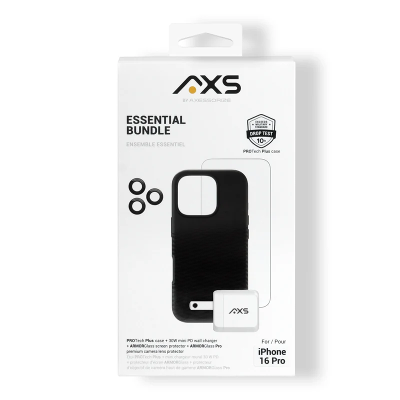 AXS Essential Bundle - PROTech Plus Case Screen Protectors and 20w Charger for iPhone 16 Pro - Black
