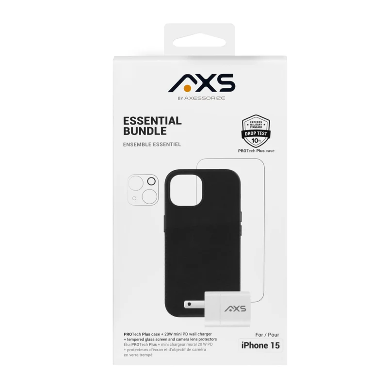 AXS Essential Bundle PROTech Plus Case, Screen Protectors and 20w Charger for Apple iPhone 15