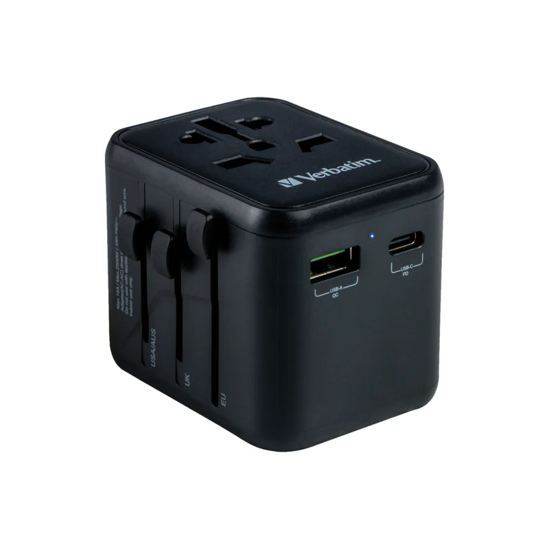 Verbatim - 20W Adaptateur de voyage universel - 3,50 po l x 2,20 po l x 4,10 po H - Noir