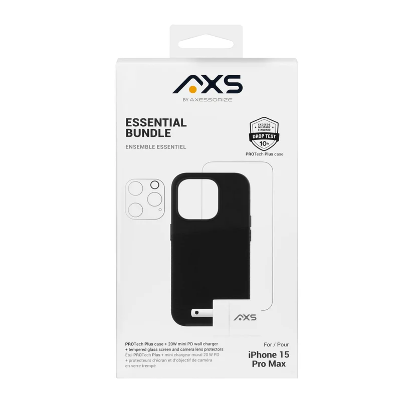 AXS Essential Bundle PROTech Plus Case, Screen Protectors and 20w Charger for Apple iPhone 15 Pro Max