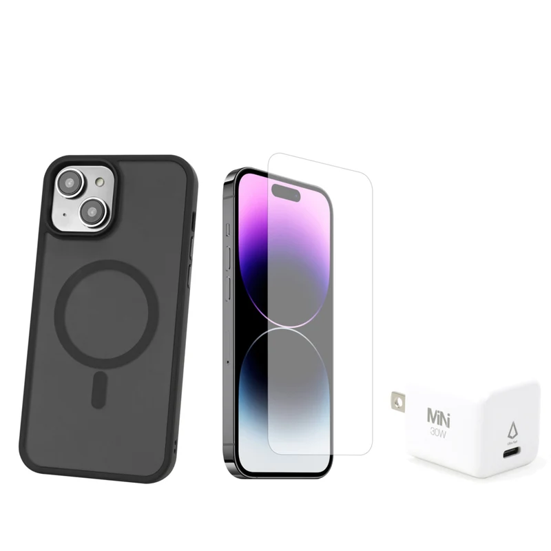 TUFF8 Glide Guard with Screen Protector and Wall Charger For iPhone 15 Plus - Smoke Black
