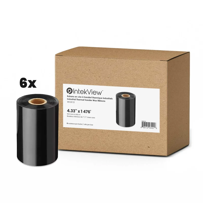 IntekView - Ruban à transfert thermique cire - 4,33" x 1476' - Centre 1"- Paquet de 6