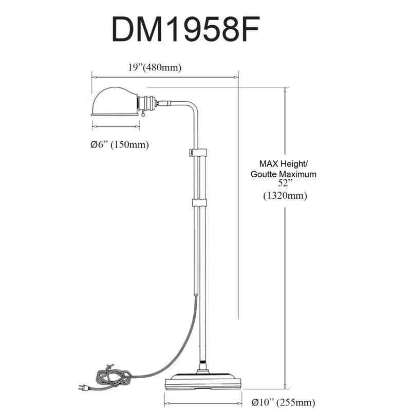 Dainolite - Lampe sur pied de pharmacie réglable à incandescence traditionnelle Fedora, 1 lumière, noir mat