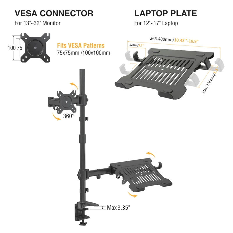 SHOPPINGALL Extra Tall Fully Adjustable Dual Monitor and Laptop Mount Stand with 31.5 inch Stand-up Pole for Laptop up to 17" Monitors up to 32" - SA-LH09L-Black