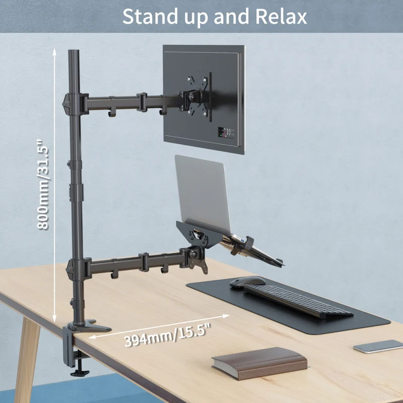 SHOPPINGALL Extra Tall Fully Adjustable Dual Monitor and Laptop Mount Stand with 31.5 inch Stand-up Pole for Laptop up to 17" Monitors up to 32" - SA-LH09L-Black