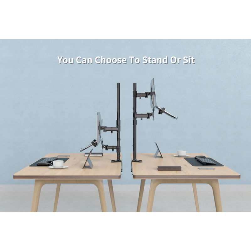 SHOPPINGALL Extra Tall Fully Adjustable Dual Monitor and Laptop Mount Stand with 31.5 inch Stand-up Pole for Laptop up to 17" Monitors up to 32" - SA-LH09L-Black
