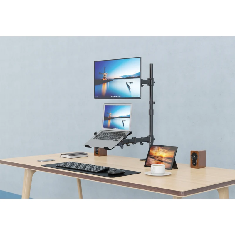 SHOPPINGALL Extra Tall Fully Adjustable Dual Monitor and Laptop Mount Stand with 31.5 inch Stand-up Pole for Laptop up to 17" Monitors up to 32" - SA-LH09L-Black