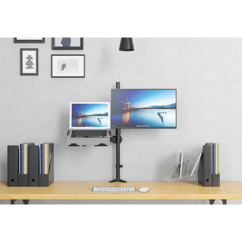 SHOPPINGALL Extra Tall Fully Adjustable Dual Monitor and Laptop Mount Stand with 31.5 inch Stand-up Pole for Laptop up to 17" Monitors up to 32" - SA-LH09L-Black