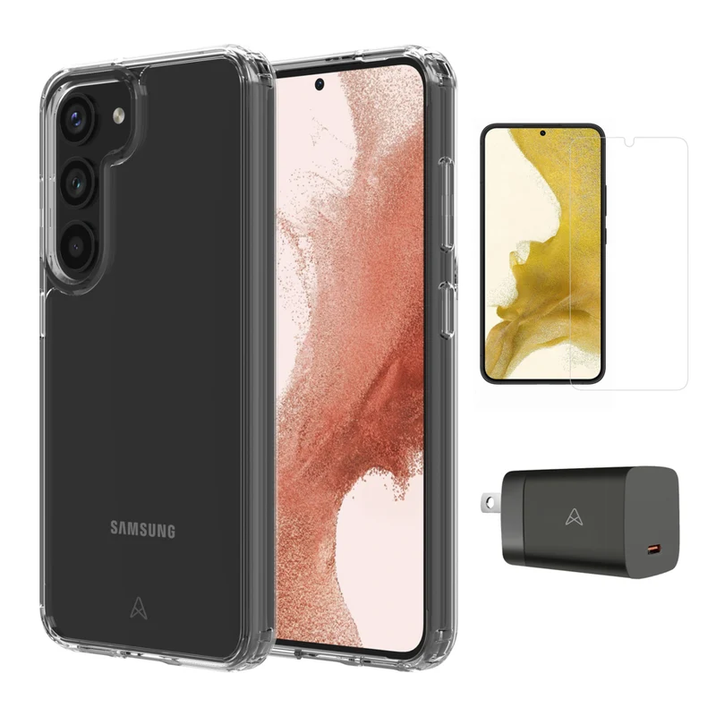 AXS Starter Kit bundle - Ultra Clear Case, Screen Protector and 30w Charger for Samsung Galaxy S23