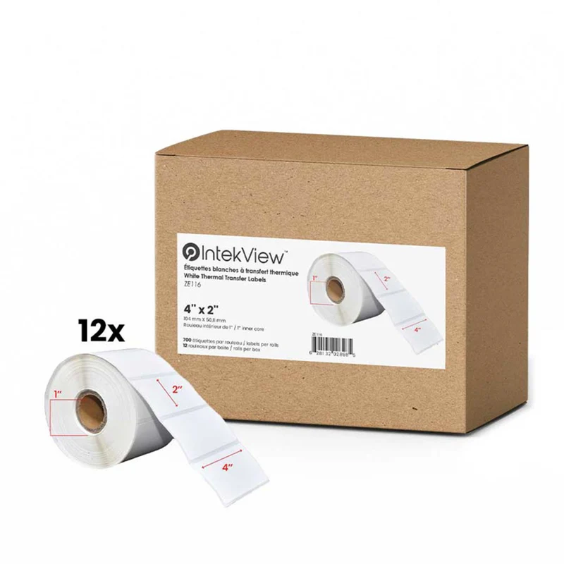 Premium Tape 4" x 2" (102 mm x 51 mm) Thermal Transfer Labels - 1" (25 mm) Core - 12 Rolls