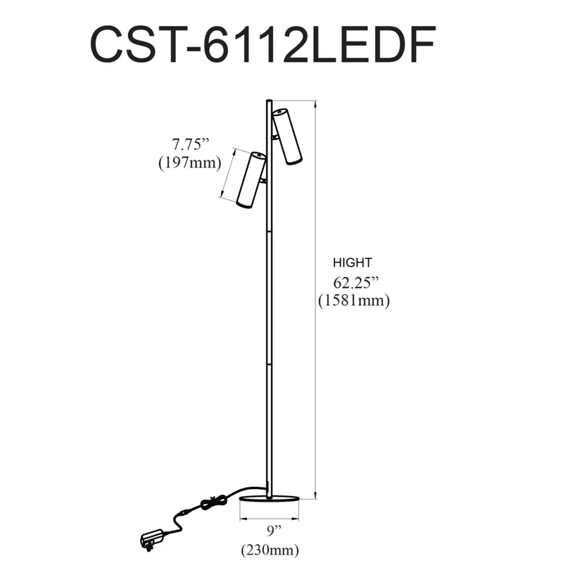 Dainolite - Lampadaire moderne Constance, noir mat avec diffuseur en acrylique givré, 12 W
