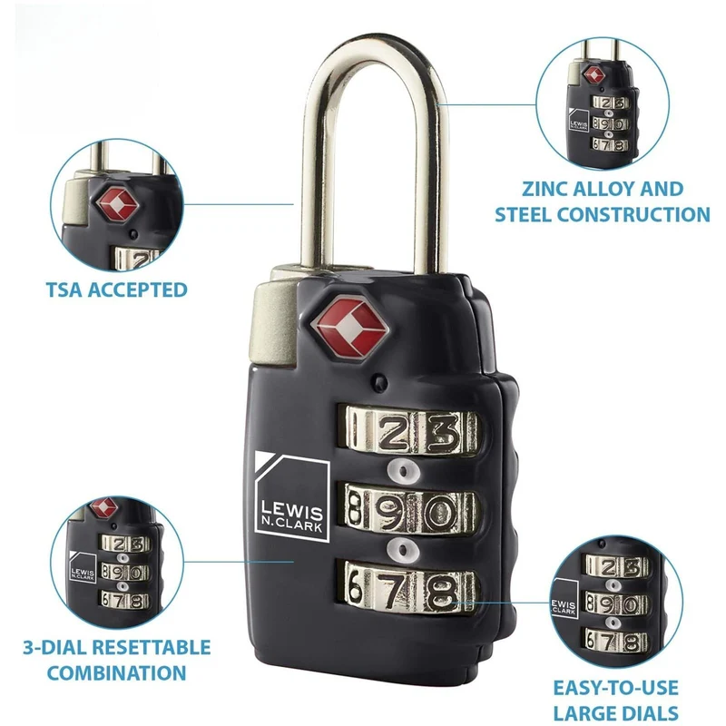Lewis N Clark 2x TSA Combi Lock Travel Luggage Padlock - Black