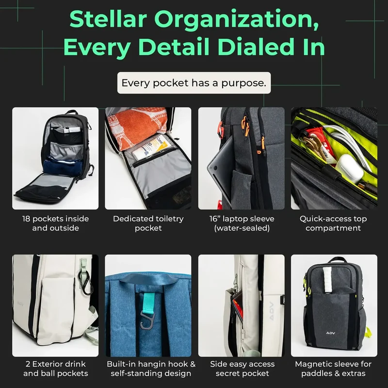 ADV 32L Flex Backpack Bag for Tennis and Pickleball with 16" Laptop Sleeve in Midnight/Grey