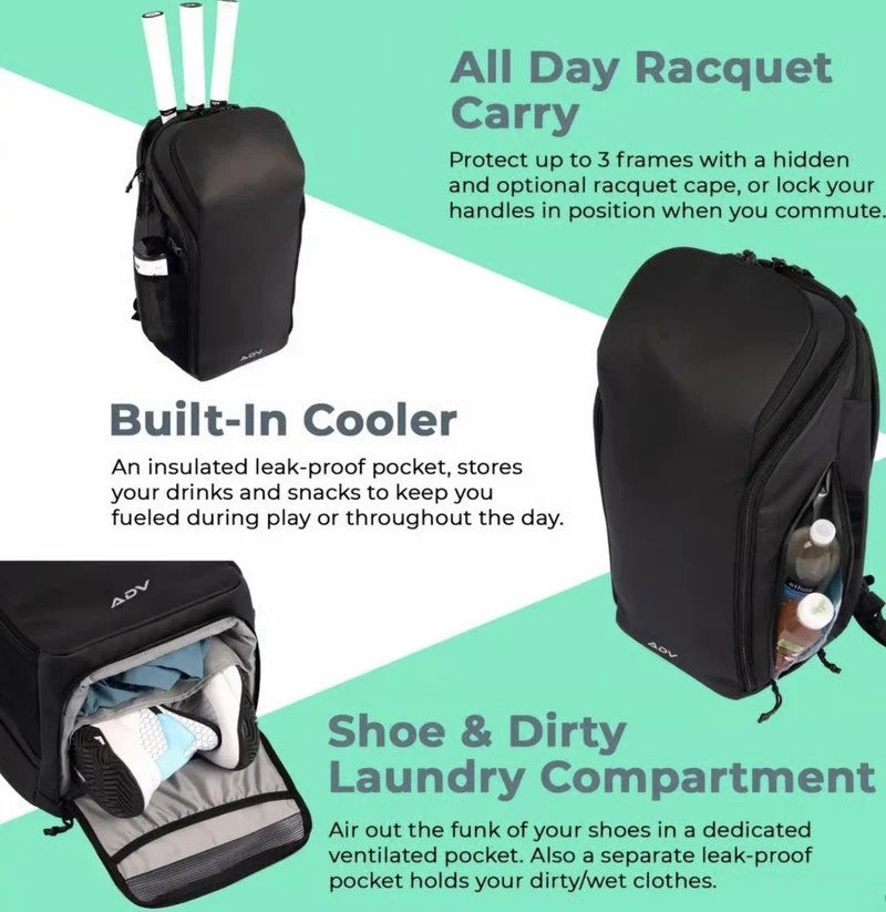 ADV Tennis Backpack V2 Bag (3 Racquet Capacity) with 16" Laptop Sleeve + Cooler in Midnight Black/Charcoal