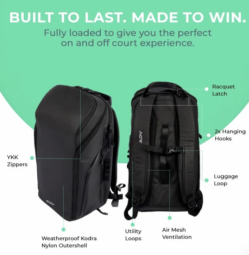 ADV Tennis Backpack V2 Bag (3 Racquet Capacity) with 16" Laptop Sleeve + Cooler in Midnight Black/Charcoal