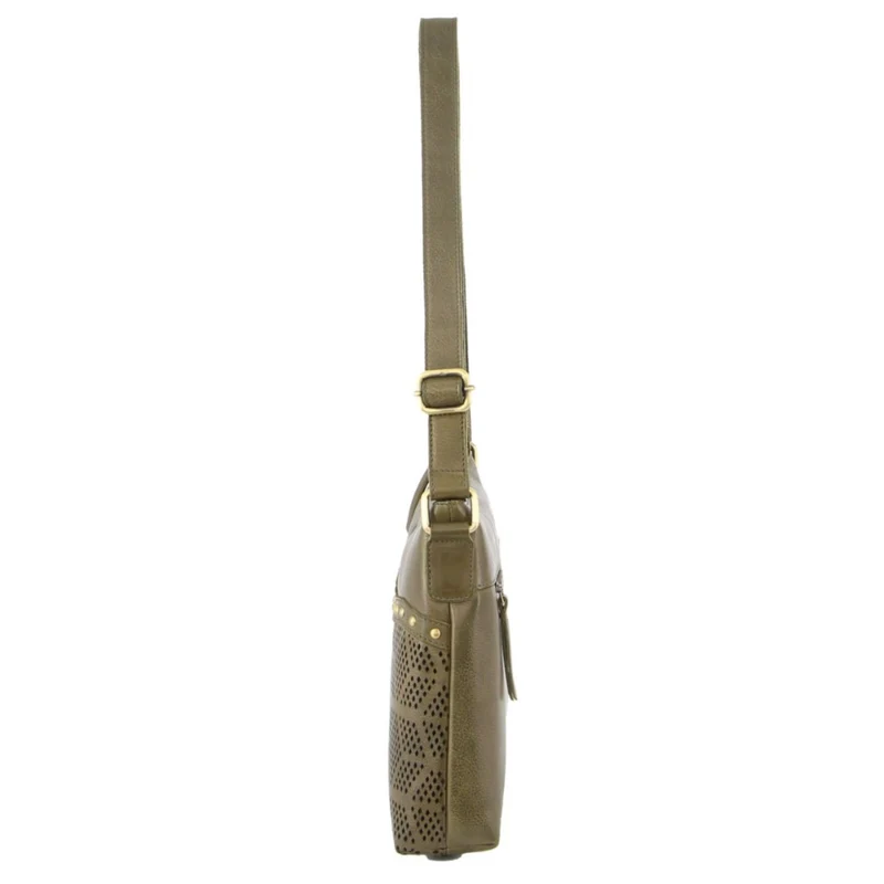 Pierre Cardin Womens Leather Perforated Cross Body Bag with Stud Detailing Travel - Olive
